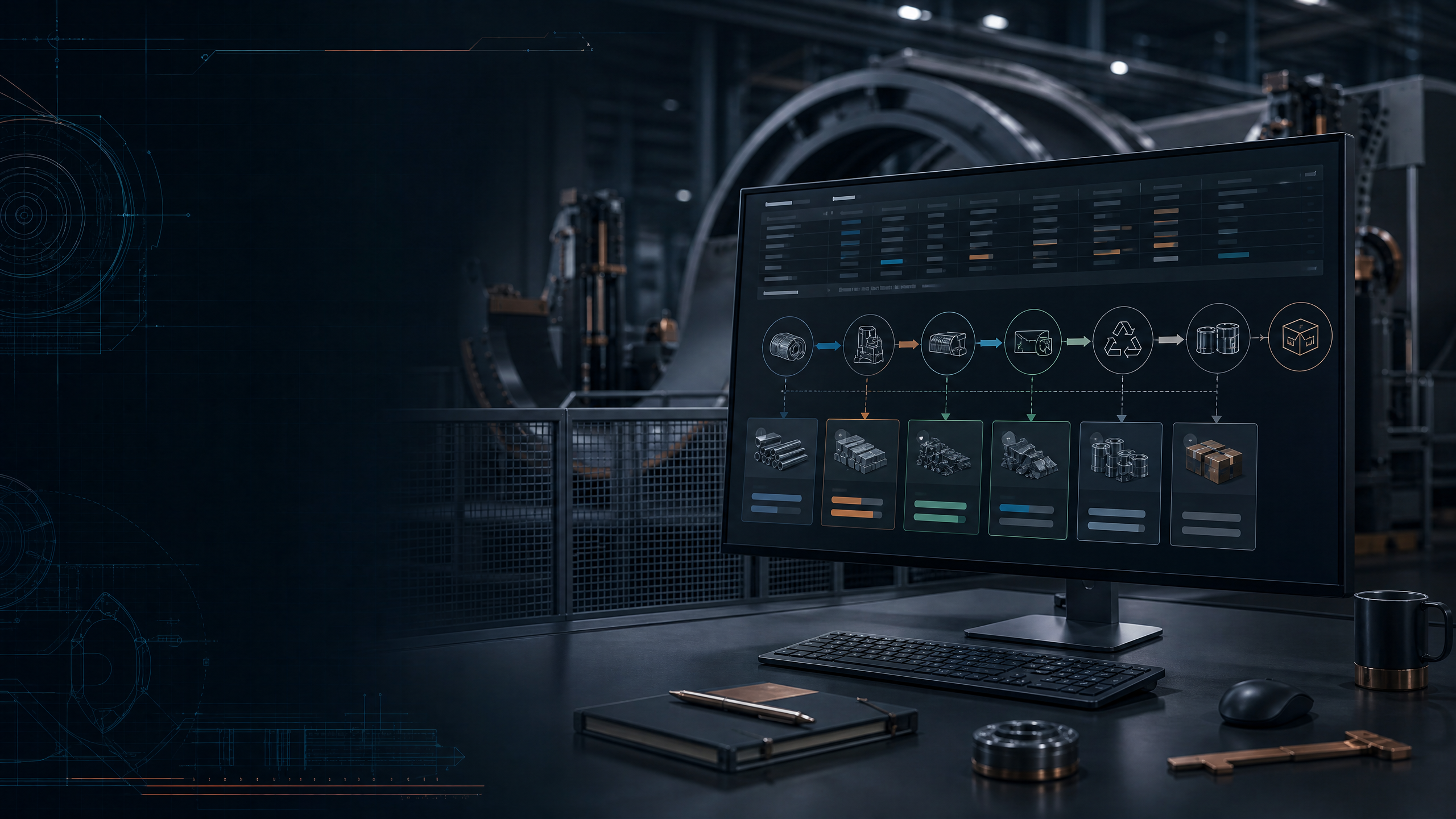 Conceptual visual representing manufacturing production, material status, usage, scrap, output, and handover tracking