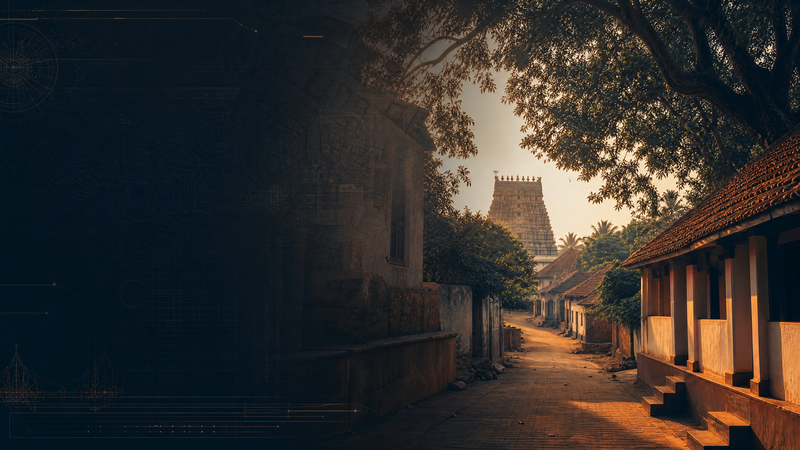 Editorial heritage visual representing village streets, architecture, landscapes, and community archives